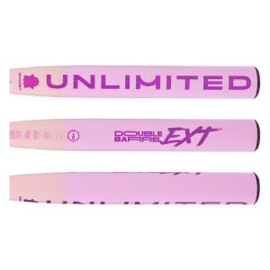 Side views of a pale purple fastpitch bat barrel with GHOST UNLIMITED, DOUBLE BARREL EXT, and certification stamps.