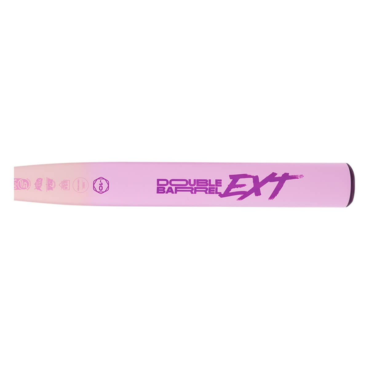 Side view of a lavender pink fastpitch softball bat with purple DOUBLE BARREL EXT text and fading color.