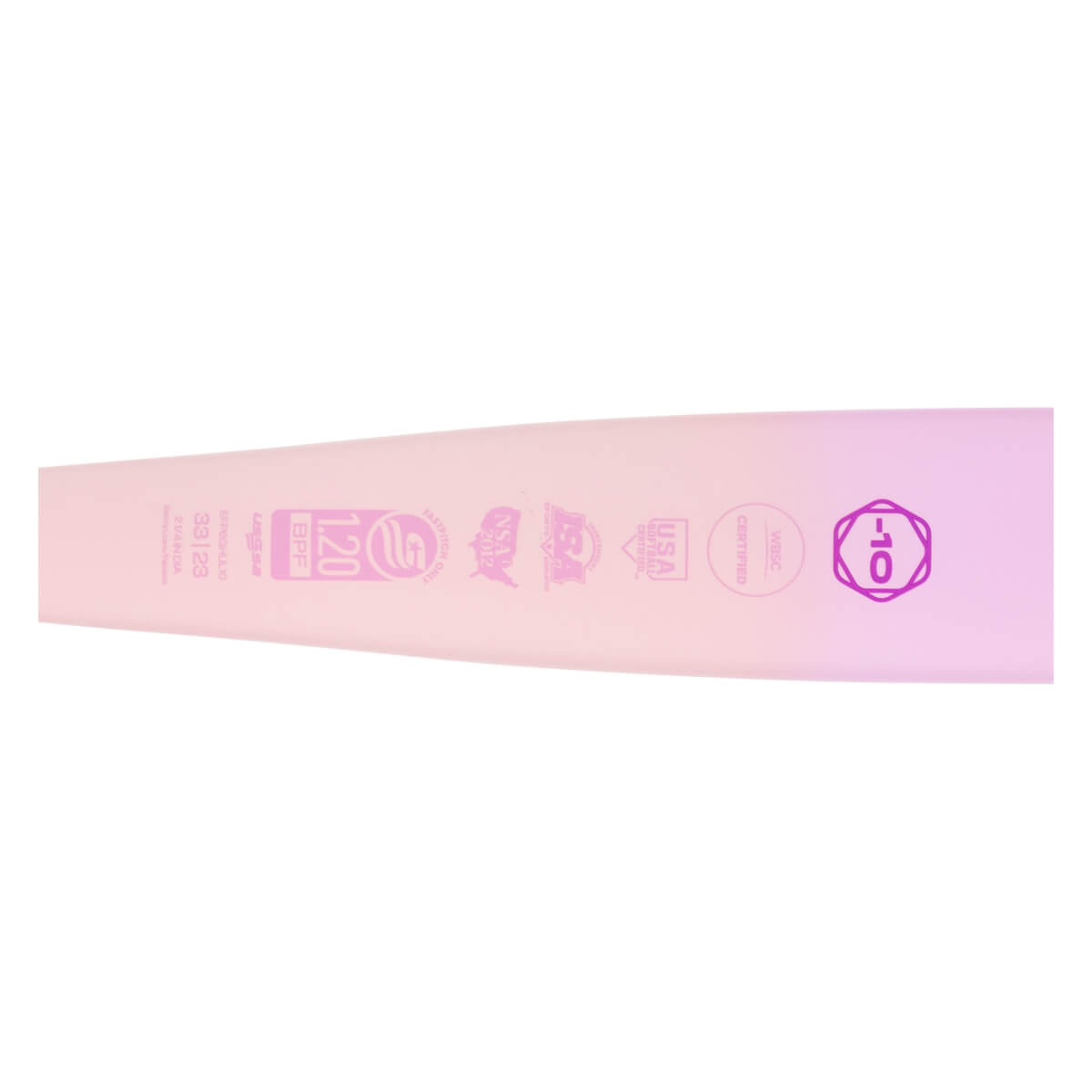 Close-up of a pink to purple fastpitch softball bat barrel with multiple purple certification logos and a prominent -10 drop weight.