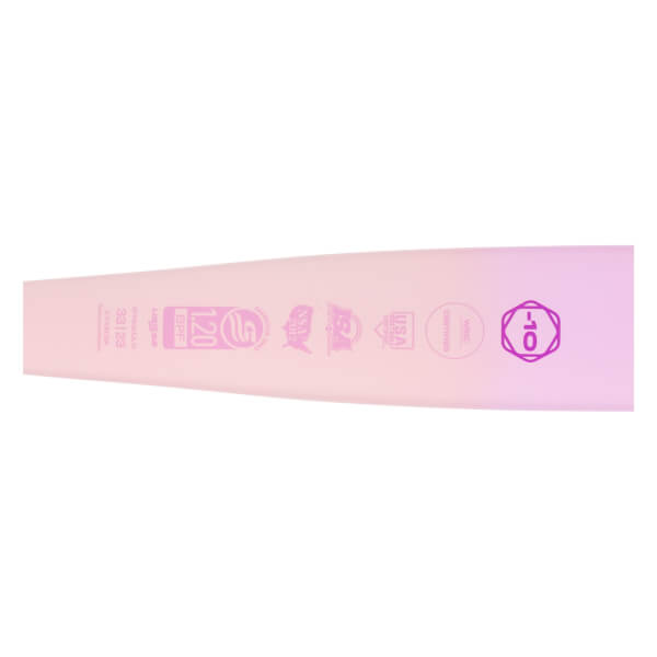 Close-up of a pink to purple fastpitch softball bat barrel with multiple purple certification logos and a prominent -10 drop weight.