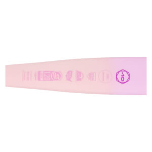 Close-up of a pink to purple fastpitch softball bat barrel with multiple purple certification logos and a prominent -10 drop weight.