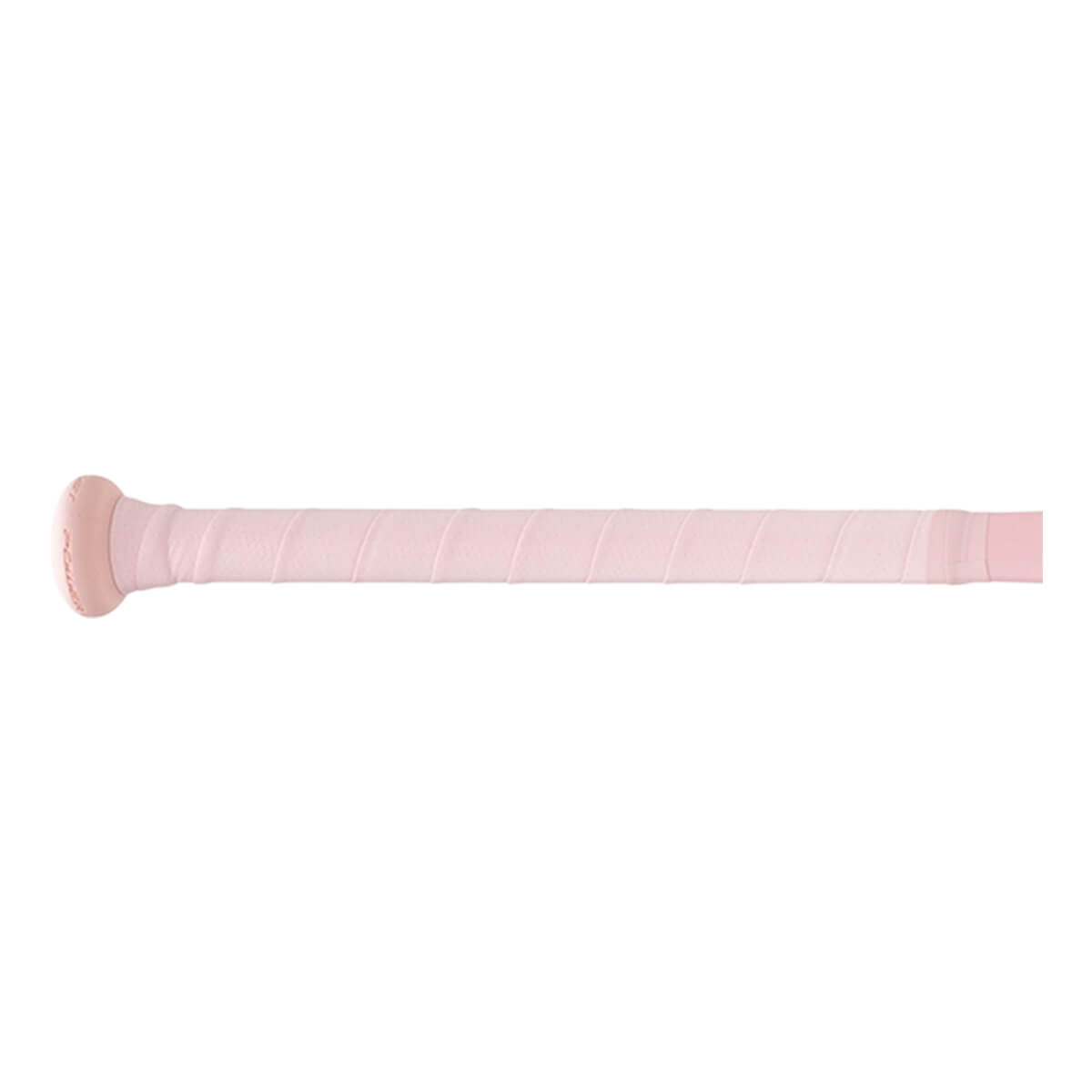 Side view of a light pink fastpitch softball bat handle with a spiraled grip tape and matching knob.