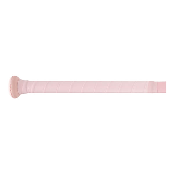 Side view of a light pink fastpitch softball bat handle with a spiraled grip tape and matching knob.