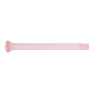 Side view of a light pink fastpitch softball bat handle with a spiraled grip tape and matching knob.