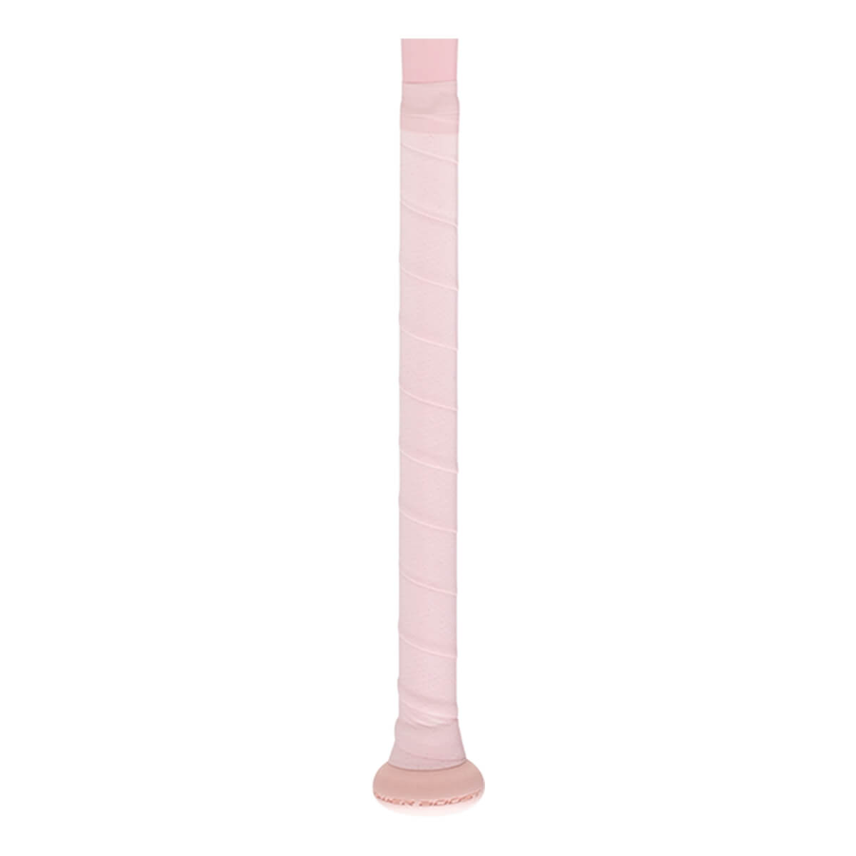 Detail view of a light pink bat handle with a spiraled grip wrap and a flared knob at the base.