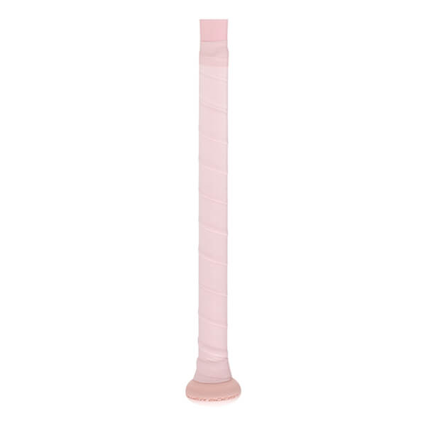 Detail view of a light pink bat handle with a spiraled grip wrap and a flared knob at the base.