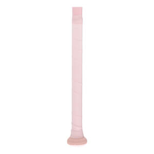 Detail view of a light pink bat handle with a spiraled grip wrap and a flared knob at the base.