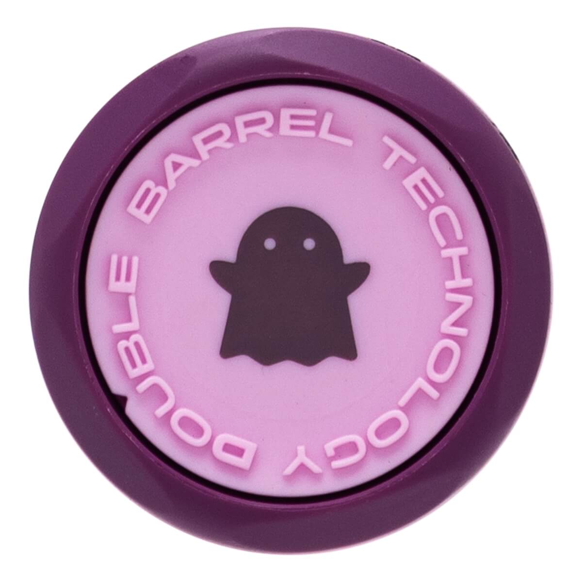 Close-up of a dark purple and pink bat end cap featuring a ghost icon and embossed DOUBLE BARREL TECHNOLOGY text.