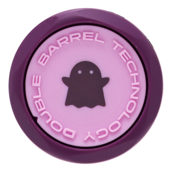 Close-up of a dark purple and pink bat end cap featuring a ghost icon and embossed DOUBLE BARREL TECHNOLOGY text.