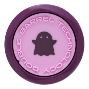 Close-up of a dark purple and pink bat end cap featuring a ghost icon and embossed DOUBLE BARREL TECHNOLOGY text.