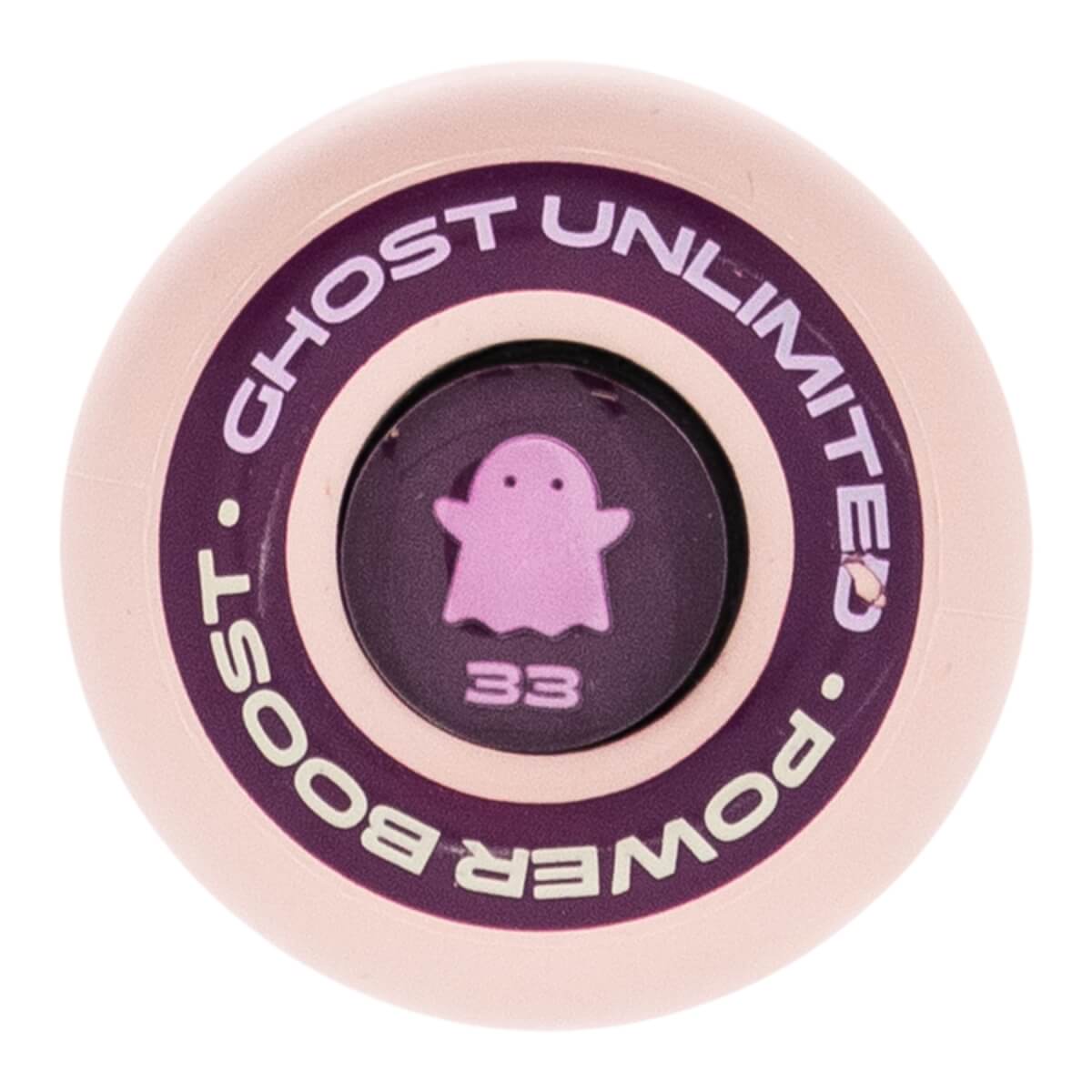 End cap view of a light pink fastpitch bat with purple GHOST UNLIMITED text, a pink ghost logo, and the number 33.