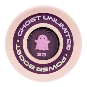 End cap view of a light pink fastpitch bat with purple GHOST UNLIMITED text, a pink ghost logo, and the number 33.