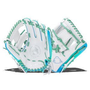 Top-down view of white baseball gloves with teal lacing and iridescent blue accents, featuring ghost logos and "EASTON" text.