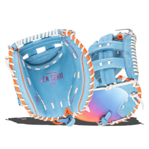 Top-down view of a light blue baseball glove with orange and white lacing, featuring "JEN SCHRO" in pink lettering.