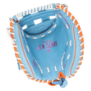 Top-down view of a blue baseball glove with orange and white lacing, featuring "EASTON JEN SCHRO" in pink lettering.