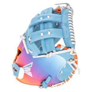 Front view of a blue baseball glove with a gradient palm, white lacing, and orange accents.