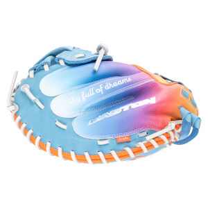 Top-down view of a blue, purple, and orange gradient baseball glove with "EASTON" and "sky full of dreams" text.