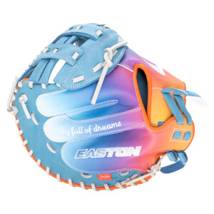 Front view of a colorful Easton baseball glove with "Sky full of dreams" and "EASTON" text.