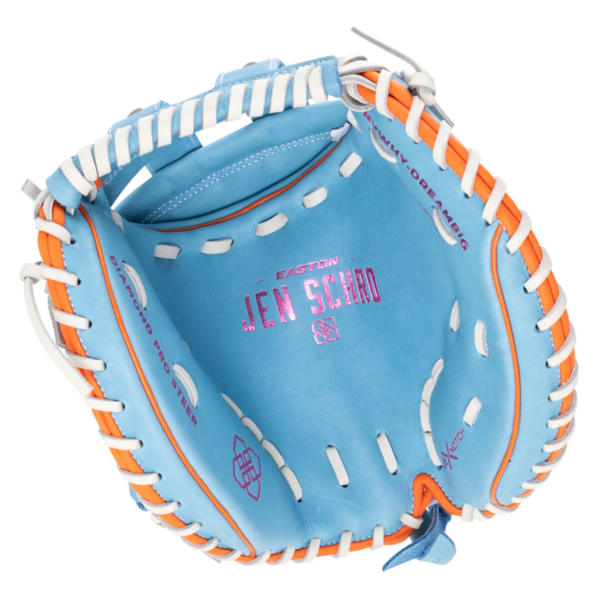 Top-down view of a light blue baseball glove with orange trim and white lacing, featuring "JEN SCHRO" in pink lettering.