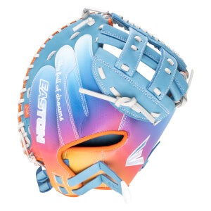 Top-down view of a blue, orange, and purple gradient baseball glove with "EASTON" and "Stay full of dreams" text.