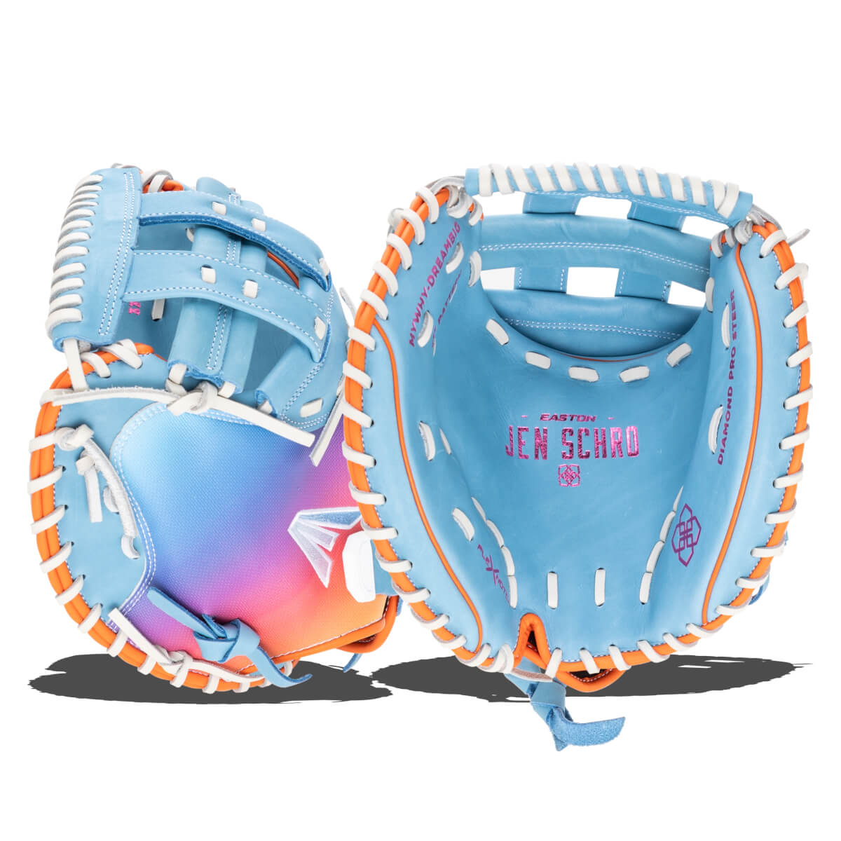 Front view of a light blue softball glove with orange and white lacing, featuring "JEN SCHRO" in pink.