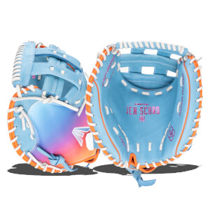 Front view of a light blue softball glove with orange and white lacing, featuring "JEN SCHRO" in pink.