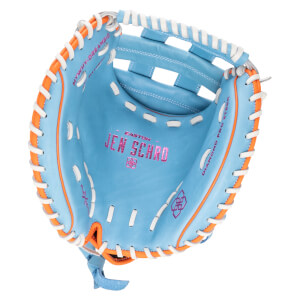 Top-down view of a light blue baseball glove with orange trim, white lacing, and "JEN SCHRO" in pink lettering.