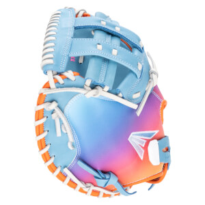 Front view of a light blue baseball glove with a colorful gradient palm and an Easton logo.