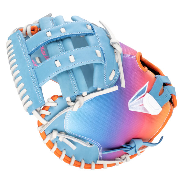 Top-down view of a light blue baseball glove with a pink, purple, and orange gradient on the palm and white lacing.