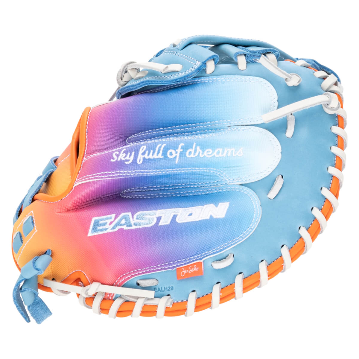 Front view of a blue Easton baseball glove with a rainbow gradient and "sky full of dreams" text.