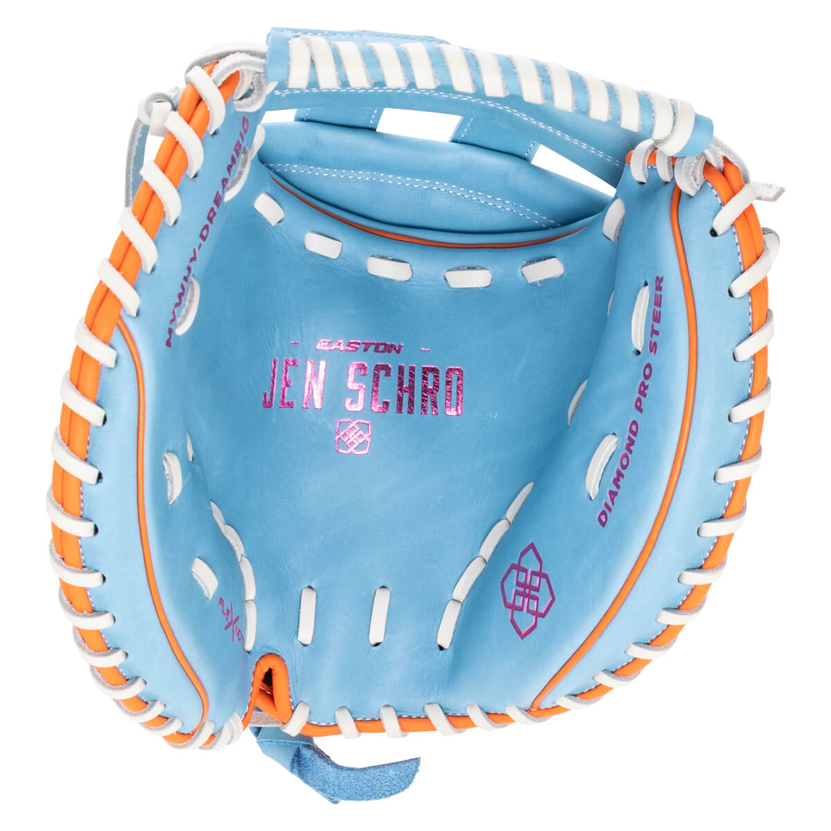 Top-down view of a light blue baseball glove with orange trim, white lacing, and "JEN SCHRO" in pink lettering.