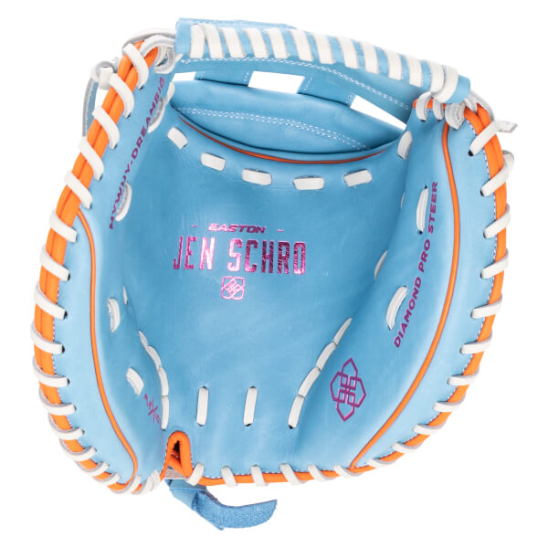 Top-down view of a light blue baseball glove with orange trim, white lacing, and "JEN SCHRO" in pink lettering.