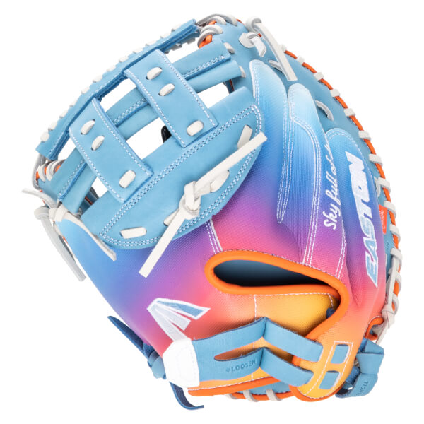 Front view of a blue, pink, and orange gradient baseball glove with "EASTON" and "Sky Baller" text.