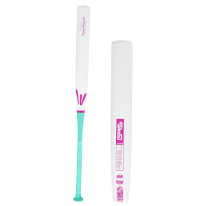 Front view of a white softball bat with pink and teal accents, featuring "EASTON Power Brigade SLOW PITCH" text.
