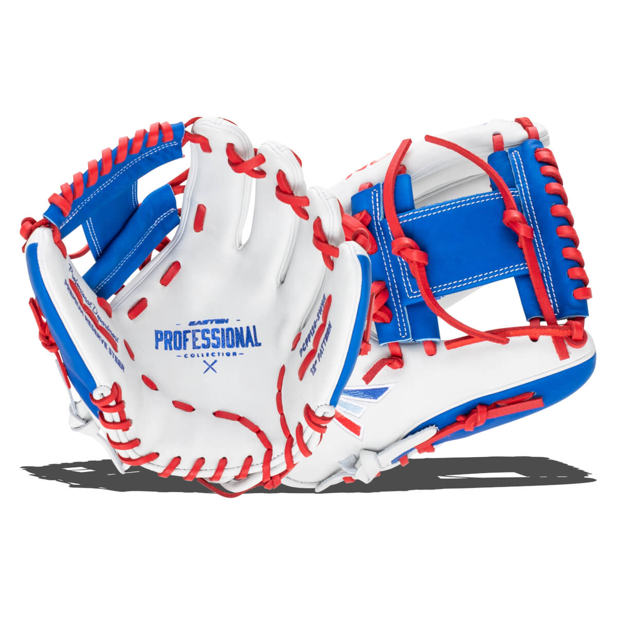 Top-down view of a white baseball glove with blue accents and red lacing, showing the "EASTON PROFESSIONAL COLLECTION" logo.