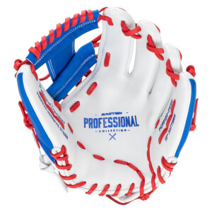 Top-down view of a white baseball glove with red lacing and blue accents, featuring "EASTON PROFESSIONAL COLLECTION" text.
