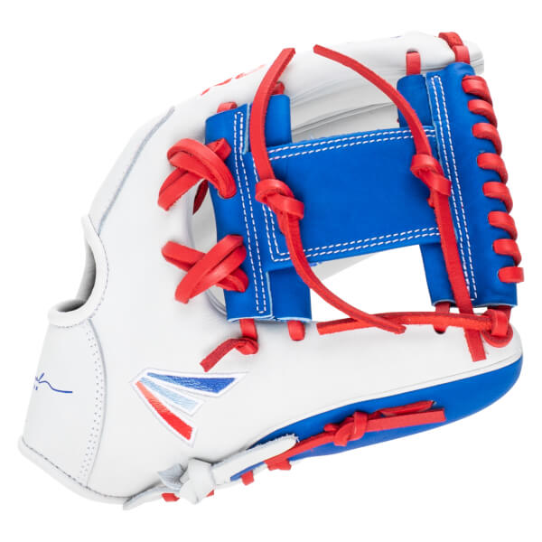 Close-up of a white baseball glove with blue and red lacing and a red, white, and blue logo.