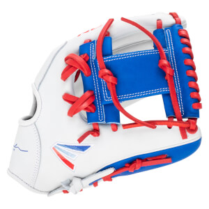 Close-up of a white baseball glove with blue and red lacing and a red, white, and blue logo.