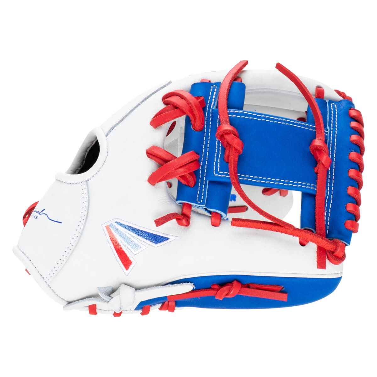 Side view of a white baseball glove with red lacing, a blue palm, and a red, white, and blue embroidered logo.