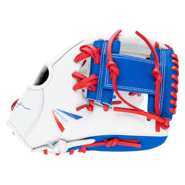 Side view of a white baseball glove with red lacing, a blue palm, and a red, white, and blue embroidered logo.