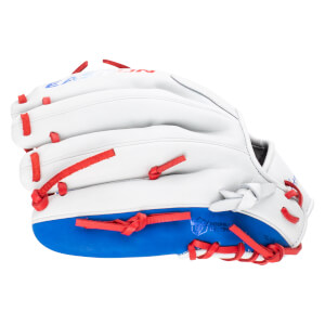 Side view of a white baseball glove with red lacing and a blue palm, showing "EASTON" in red lettering.