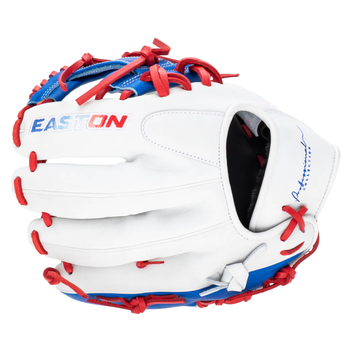 Front view of a white baseball glove with red and blue lacing, featuring the "EASTON" logo and "Professional Collection" text.