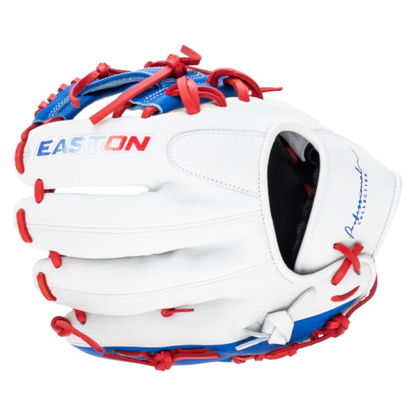 Front view of a white baseball glove with red and blue lacing, featuring the "EASTON" logo and "Professional Collection" text.