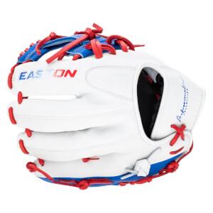 Front view of a white baseball glove with red and blue lacing, featuring the "EASTON" logo and "Professional Collection" text.