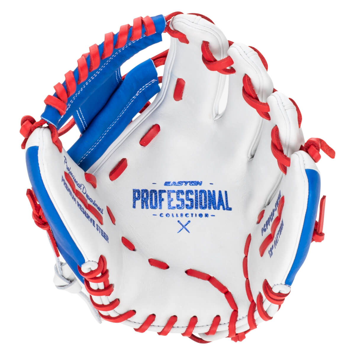 Top-down view of a white Easton Professional Collection baseball glove with blue and red lacing.