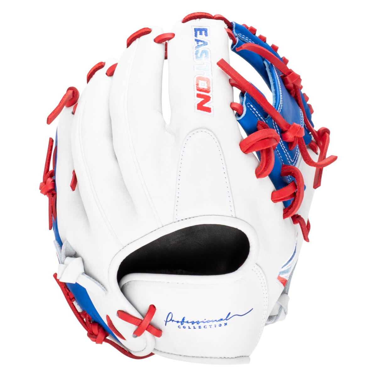 Front view of a white baseball glove with red lacing, blue accents, and "EASTON" and "Professional COLLECTION" text.