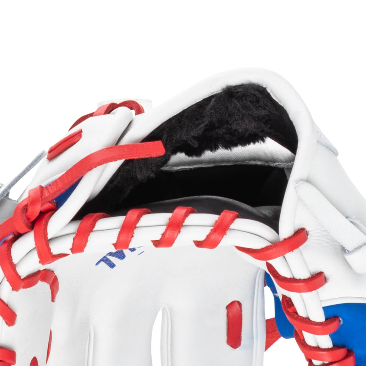 Close-up of a white baseball glove with red lacing and black fur lining.