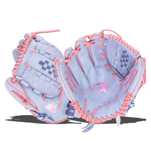Front view of a light purple softball glove with pink lacing, featuring a checkered pattern and a pink logo.