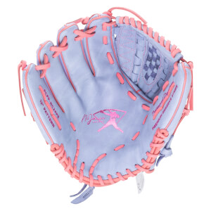 Top-down view of a light blue baseball glove with pink lacing, featuring a pink softball player logo and "12"" PATTERN" text.