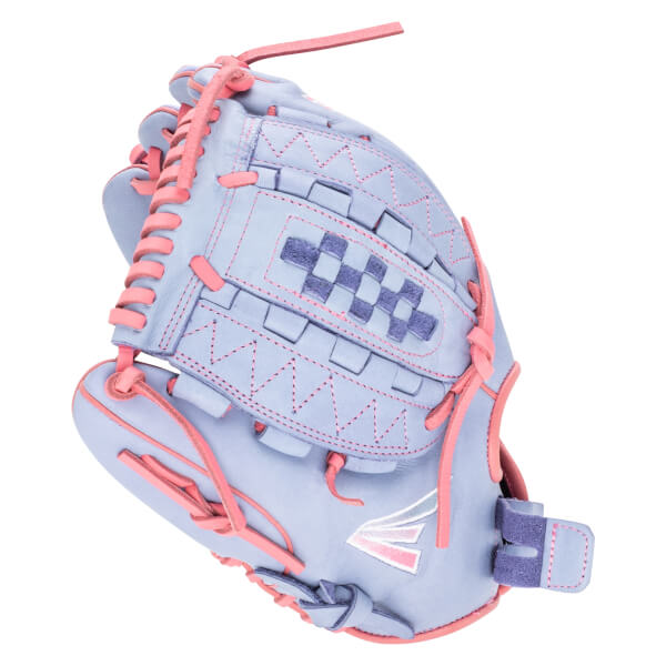 Side view of a light blue baseball glove with pink lacing, a checkered web, and an Easton logo.